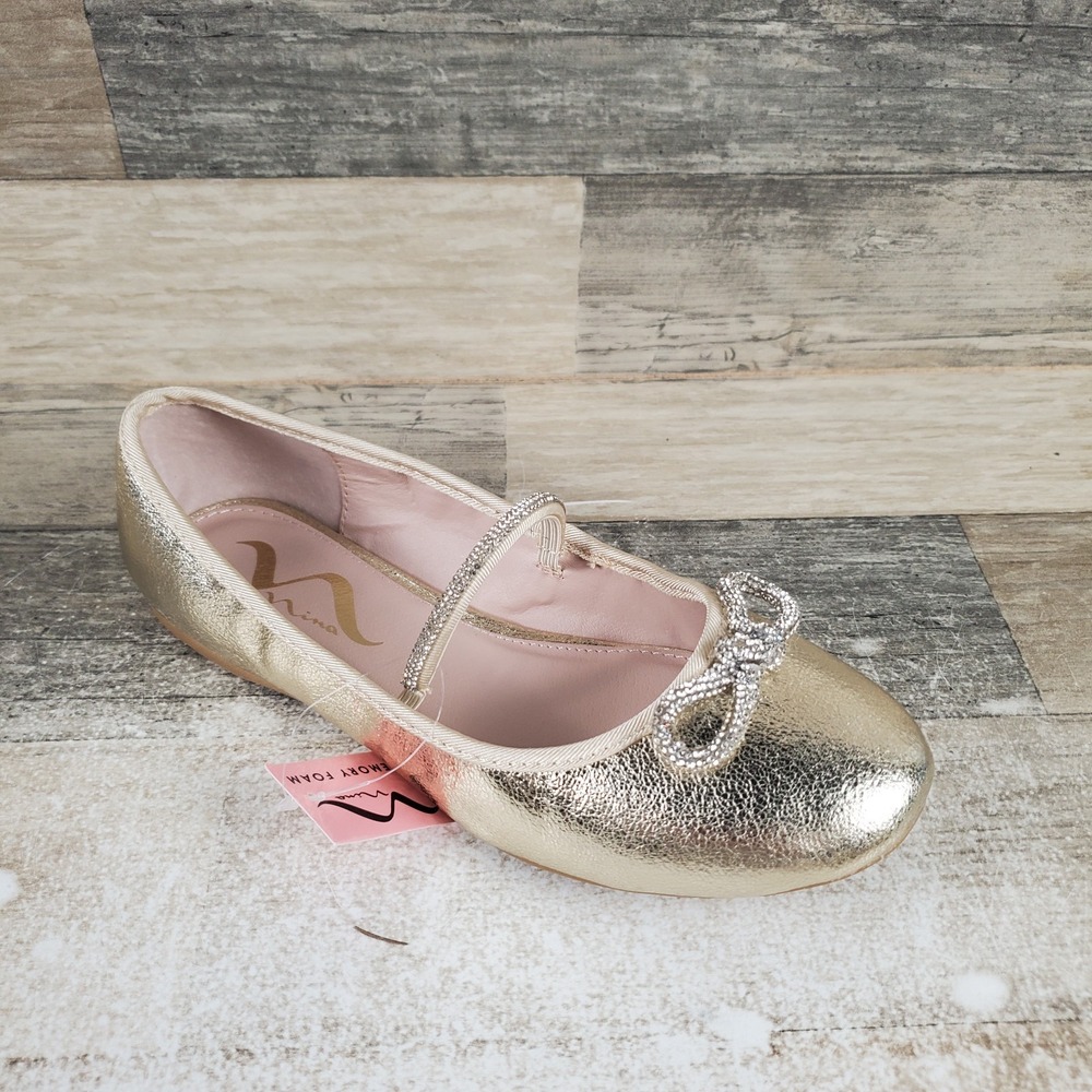 Nina Kendalla Womens Ballet Flats Sz 4 M Platino Crackle Metallic Leather Bow